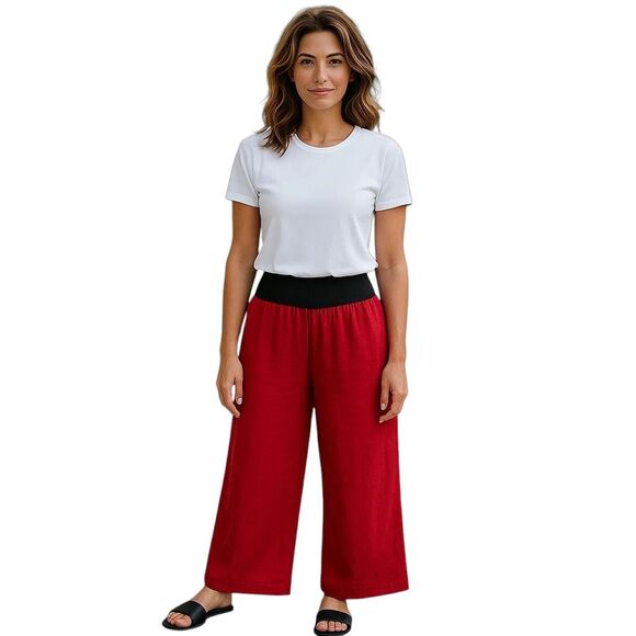 Linen Wide Leg Pants from Italy Stretch Waist Cranberry Red Large La Santilla EC - Picture 1 of 16